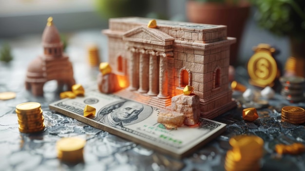 D costruzione bancaria monete e denaro illustrazione o rappresentazione dati finanziari affari ed economici