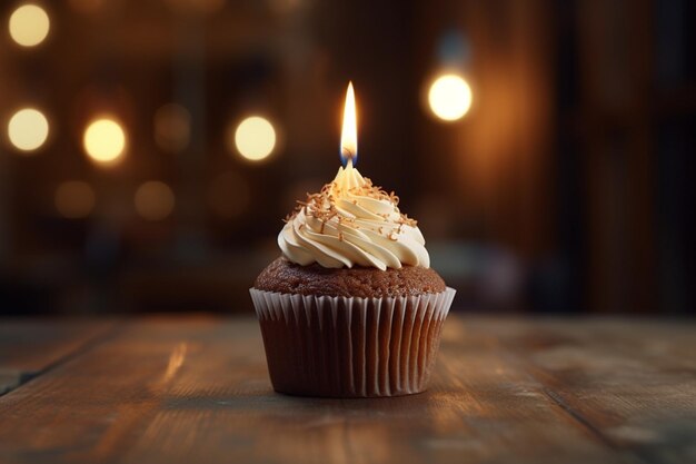 D cupcake di compleanno con una candela accesa in cima