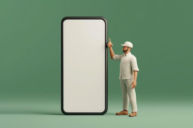 d illustrazione di un uomo in piedi accanto a un enorme modello 3D di smartphone con schermo bianco vuoto