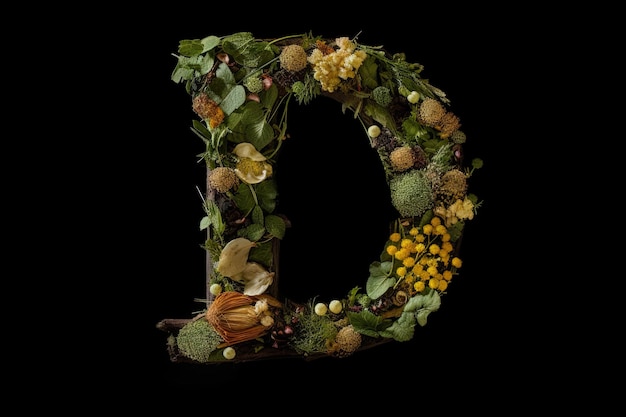 D lettera dell'alfabeto fatta di foglie piante e fiori isolati su sfondo nero illustrazione ai generativa