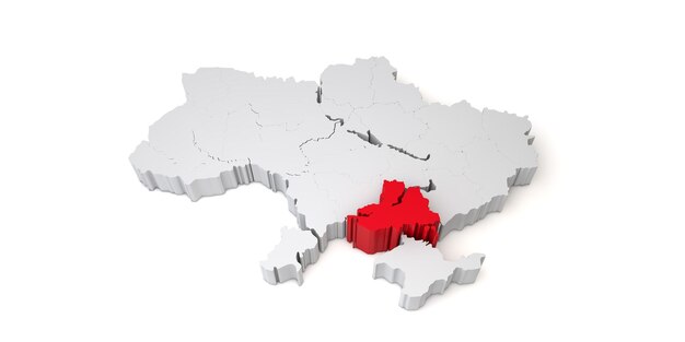 D mappa dell'ucraina che mostra la regione di kherson in rosso D rendering