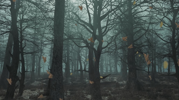 D rende il volo lento oltre una cupa foresta diurna con foglie che cadono