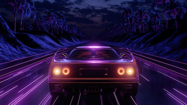 D render auto e sfondo in stile neon retro wave s