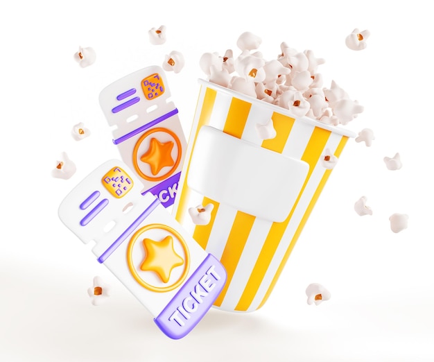 D render cinema banner modellazione biglietti cinematografici con stella d'oro e popcorn in scatola di carta a righe