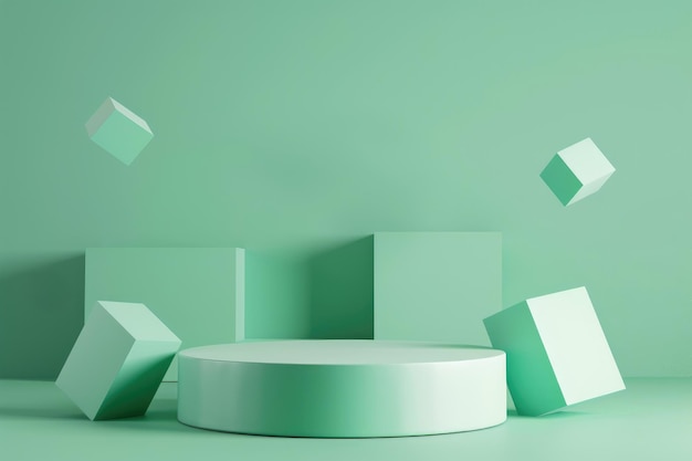 D render di un podio circolare minimalista circondato da forme geometriche galleggianti verde morbido