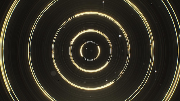 d render golden neon lines running in a circle with shiny particles