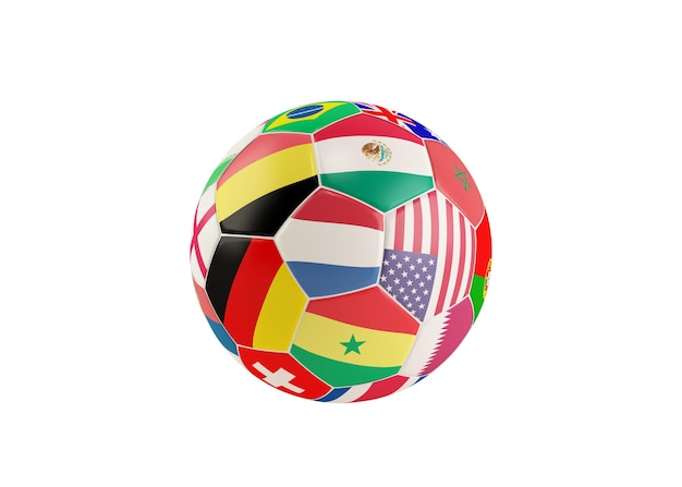 D rendering del pallone da calcio con le bandiere nazionali della squadra del qatar