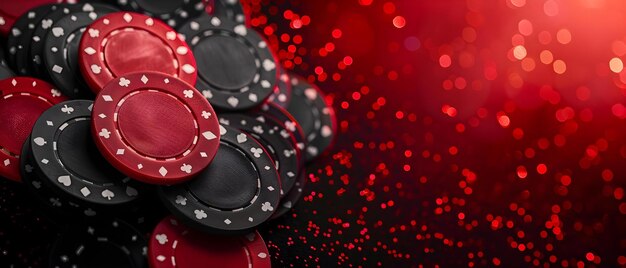 D rendering di chip di casinò con simboli di poker in nero e rosso Concept Casino Chips 3D Rendering Poker Symbols Black Red Graphic Design