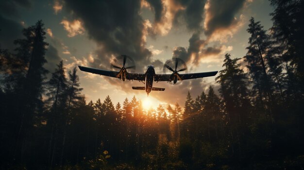 Da sotto di un aereo che getta acqua nella foresta