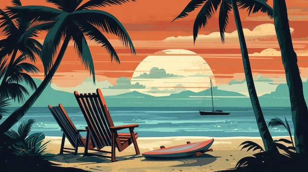Da sotto un albero di cocco una lunga sedia da spiaggia Illustrazione Generative AI