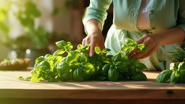 Da vicino donne che raccolgono a mano le foglie di basilico più verde