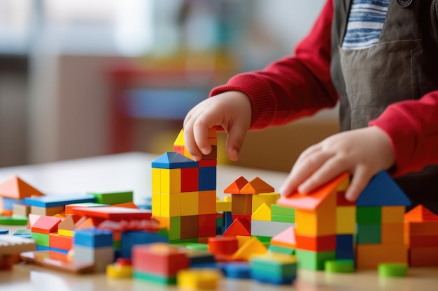 Da vicino la mano di bambini che giocano con blocchi colorati in arte