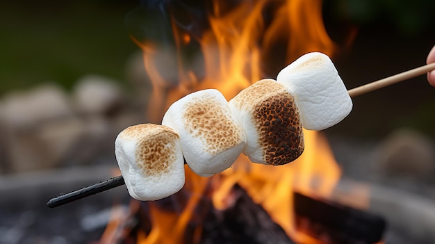 Da vicino le mani che arrostiscono i marshmallows su un bastone nel caldo bagliore di un fuoco da campo serale