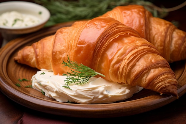 Da vicino un salato croissant pieno di salmone affumicato e formaggio a crema