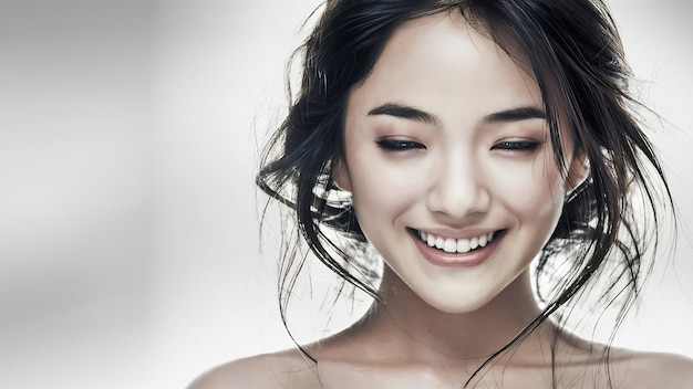 Da vicino una bella giovane donna asiatica sorridente con la pelle bianca isolata