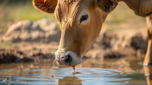 Da vicino una mucca che beve acqua da uno stagno