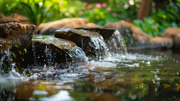 Da vicino una piccola cascata in giardino