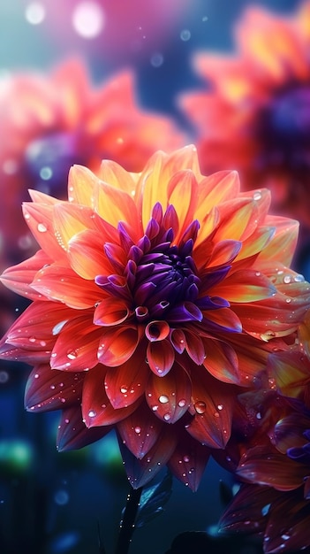 Dahlia in fiore fiori con gocce d'acqua primo piano sfondo Ai generato