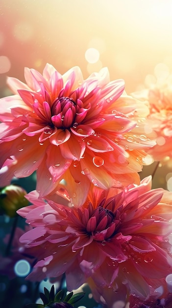 Dahlia in fiore fiori con gocce d'acqua primo piano sfondo Ai generato