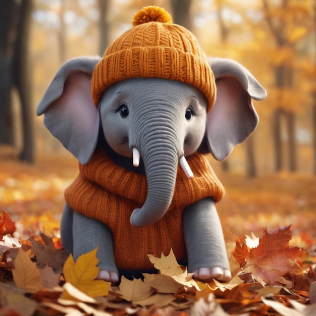 Dai un'occhiata a questo elegante elefante che indossa un cappello arancione e una sciarpa nella stagione autunnale