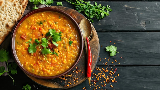 Dal indiano zuppa indiana tradizionale lenticchie indiane Dhal curry piccante in ciotola spezie erbe rustiche sfondo di legno nero piatto indiano autentico sopra