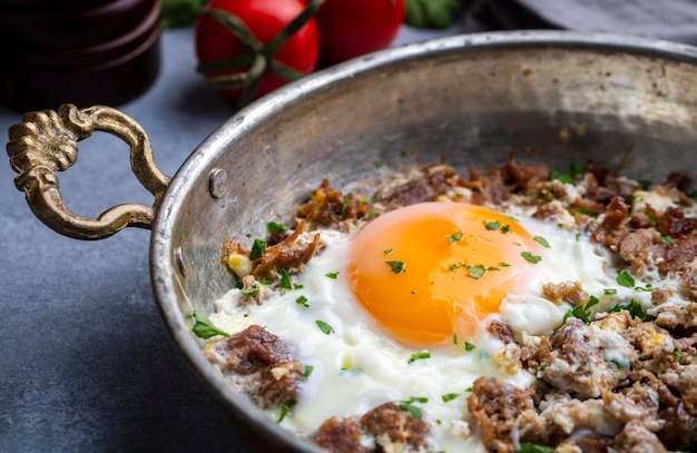 Dalla cucina tradizionale turca; uova fritte con carne. nome turco; kavurmali yumurta