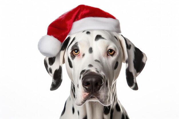 Dalmata con cappello di Babbo Natale sullo sfondo bianco AI generativa