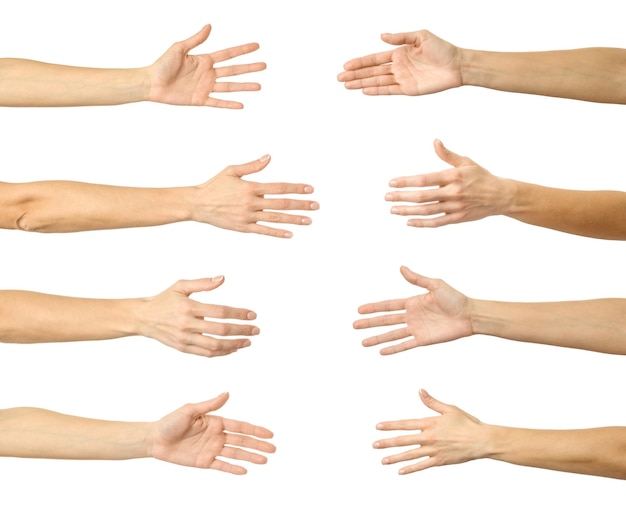 Dando una mano Set di immagini multiple di mano caucasica femminile con manicure francese che mostra Dando un gesto con la mano