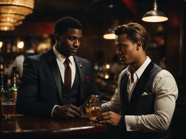 Dandy africano in tuxedo in un bar un posto costoso luce scarsa con un cocktail di negroni