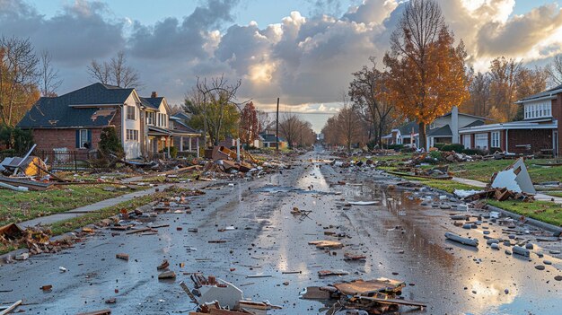 Danni causati dal tornado in un quartiere suburbano