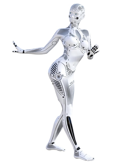 Danza donna robot Droide di metallo Intelligenza artificiale Arte concettuale della moda Illustrazione di rendering 3D realistica Studio isolare chiave alta