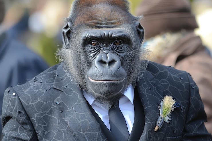 Foto dapper gorilla closeup ritratto di un gorilla in abito e cravatta con un accento floreale