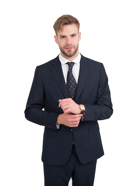 Dare all'uomo il senso dello stile. Avvocato alla moda isolato su bianco. Project manager in stile formale. Codice di abbigliamento aziendale. Vestito formale. Abbigliamento professionale. Guardaroba alla moda.