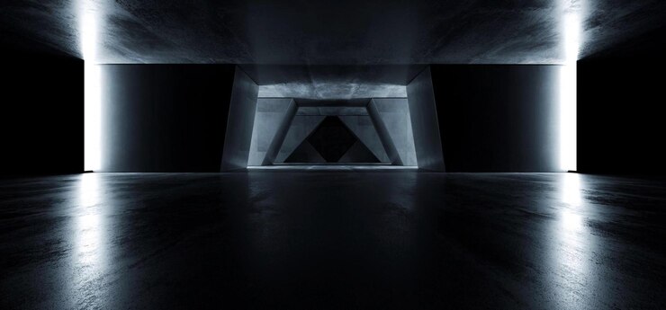 Dark Concrete Grunge Underground Garage Reflections Hall Car Triangle Gate Glow Empty Futuristic Sci