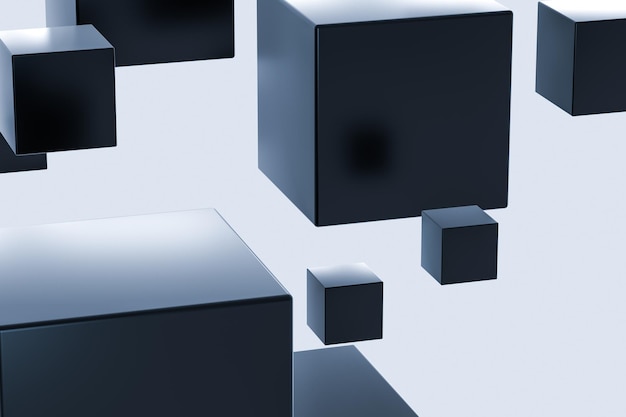 Dark cubes randomly distributed in the air 3d rendering