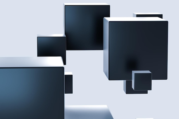Dark cubes randomly distributed in the air 3d rendering