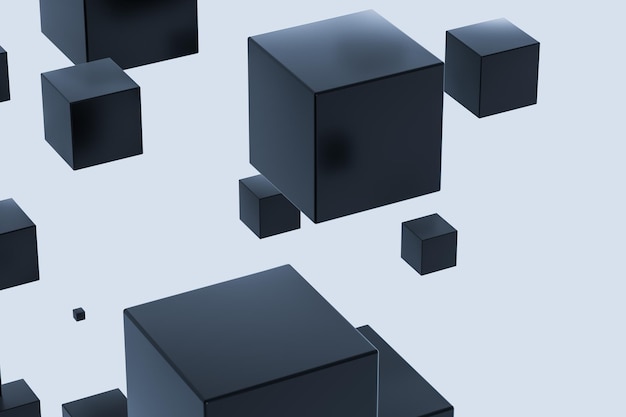 Dark cubes randomly distributed in the air 3d rendering