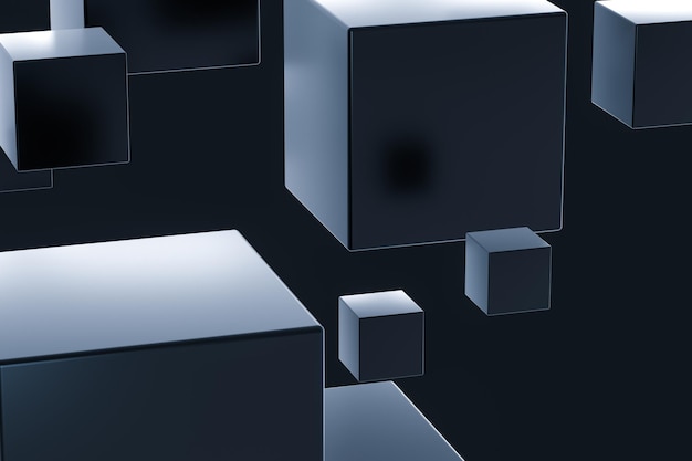 Dark cubes randomly distributed in the air 3d rendering