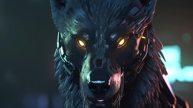 Dark cyberpunk wolf digital art illustration IA generativa