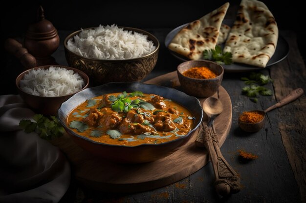 Dark Food Fotografia di pollo al burro indiano con riso basmati e pane Naan Generative AI