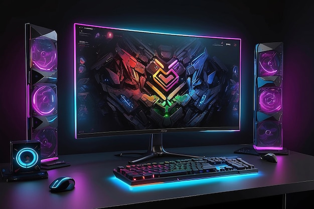 Dark room gamer computer desktop con luci RGB PC computer mockup dello schermo luminoso