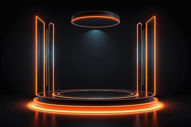 Dark sci fi futuristico cyber stage podium neon arancione luminoso moderno showroom vetrina di prodotti isolata su sfondo nero illustrazione vettoriale