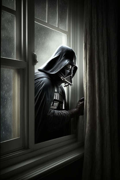 Darth Vader che guarda fuori da una finestra nella stanza buia generativa ai