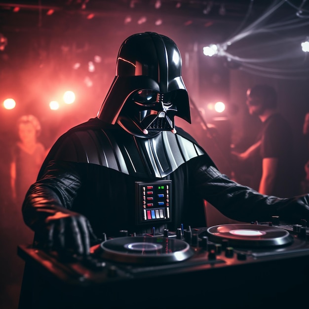 Darth Vader DJ con le cuffie che suona alla festa