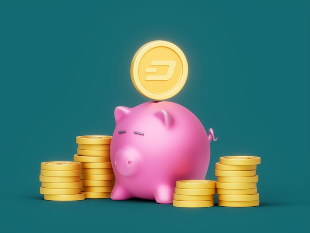 Dash Piggy Bank Pile Stack Monete Crypto Currency 3D Illustration Render