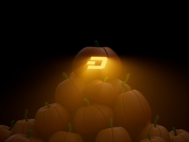 Dash zucca intagliata pila pila criptovaluta illustrazione 3d rendering illuminazione scura