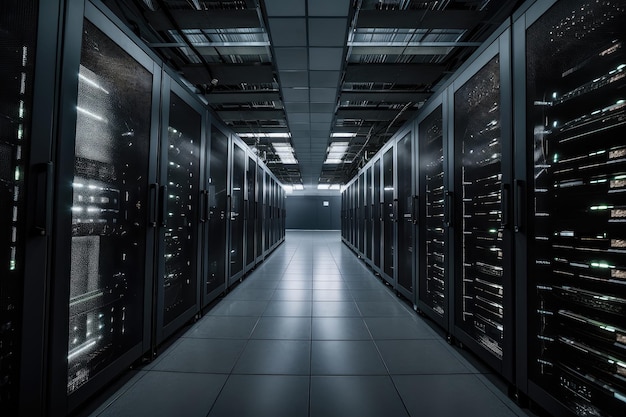 Data center con file di server rack e sistemi di raffreddamento visibili