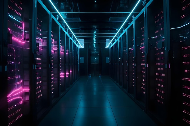 Data center con più file di server completamente operativi nei colori cianoviola Rete neurale generata a maggio 2023 Non basata su alcuna scena o modello reale