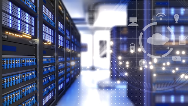 Data Center con più righe di server rack completamente operativiSistema di sicurezza del sistema cloud