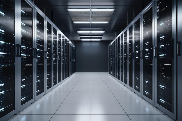 Data center con righe di server e dispositivi di archiviazione visibili